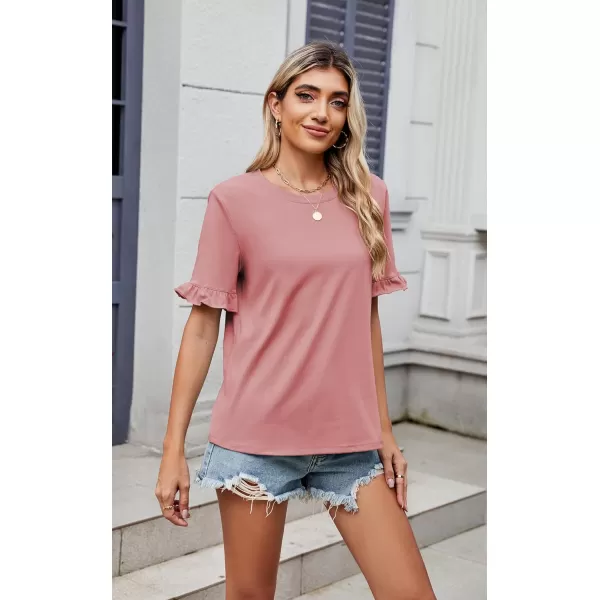 ECOWISH Womens Casual Ruffle Tops Short Sleeve Summer Blouses Soild Crewneck Tunics Shirts393 Pink