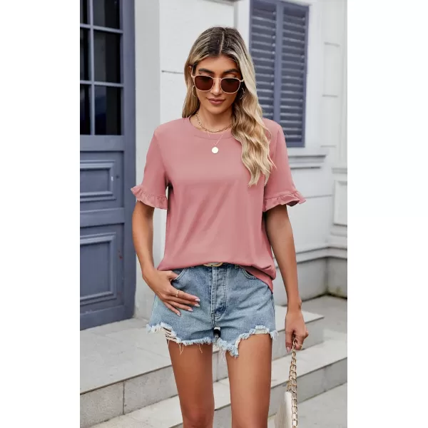 ECOWISH Womens Casual Ruffle Tops Short Sleeve Summer Blouses Soild Crewneck Tunics Shirts393 Pink