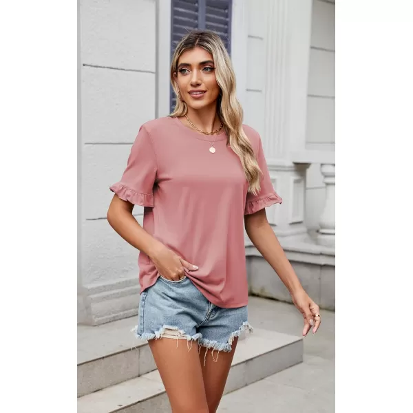 ECOWISH Womens Casual Ruffle Tops Short Sleeve Summer Blouses Soild Crewneck Tunics Shirts393 Pink