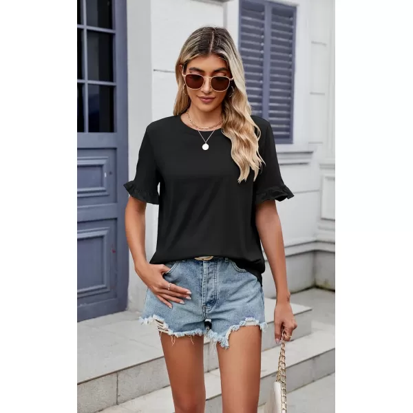 ECOWISH Womens Casual Ruffle Tops Short Sleeve Summer Blouses Soild Crewneck Tunics Shirts393black