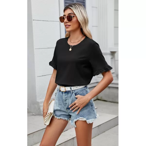 ECOWISH Womens Casual Ruffle Tops Short Sleeve Summer Blouses Soild Crewneck Tunics Shirts393black