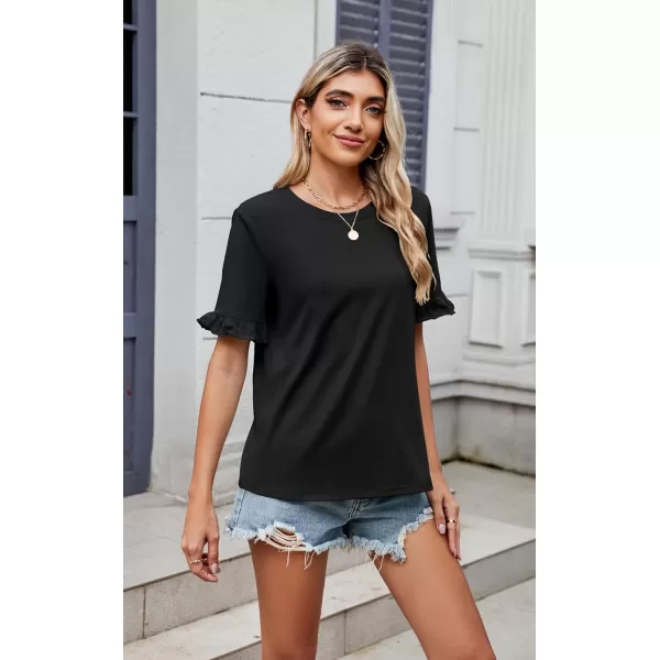 ECOWISH Womens Casual Ruffle Tops Short Sleeve Summer Blouses Soild Crewneck Tunics Shirts393black