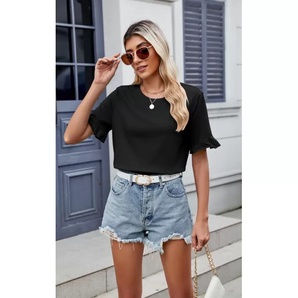 ECOWISH Womens Casual Ruffle Tops Short Sleeve Summer Blouses Soild Crewneck Tunics Shirts393black