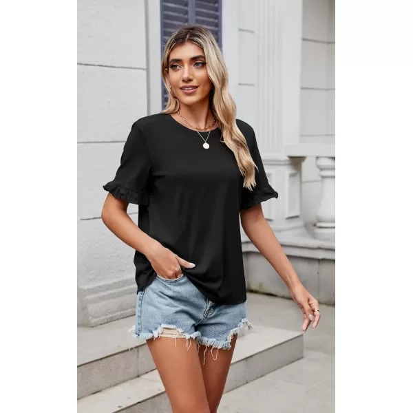 ECOWISH Womens Casual Ruffle Tops Short Sleeve Summer Blouses Soild Crewneck Tunics Shirts393black