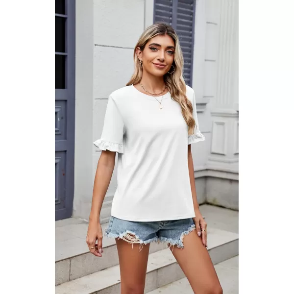 ECOWISH Womens Casual Ruffle Tops Short Sleeve Summer Blouses Soild Crewneck Tunics Shirts393white