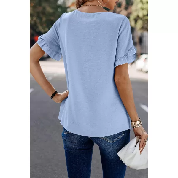 ECOWISH Womens Casual Ruffle Tops Short Sleeve Summer Blouses Soild Crewneck Tunics ShirtsAlight Blue