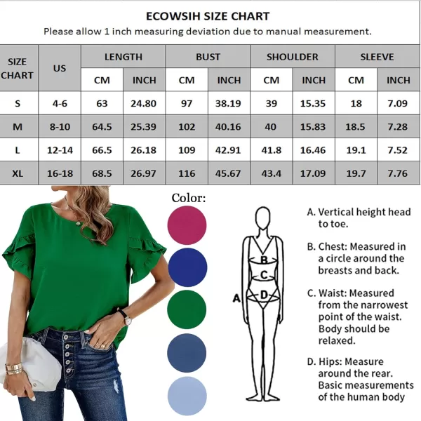 ECOWISH Womens Casual Ruffle Tops Short Sleeve Summer Blouses Soild Crewneck Tunics ShirtsAlight Blue
