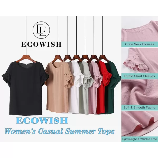 ECOWISH Womens Casual Ruffle Tops Short Sleeve Summer Blouses Soild Crewneck Tunics ShirtsApink