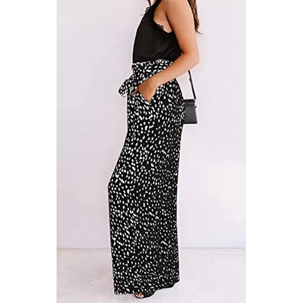ECOWISH Womens Cotton Soft Palazzo Wide Leg Pant with Pockets High Waist Casual Loose Flowy Pants with Belt160 Black