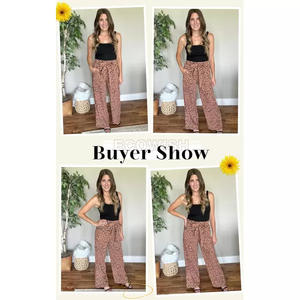 ECOWISH Womens Cotton Soft Palazzo Wide Leg Pant with Pockets High Waist Casual Loose Flowy Pants with Belt160 Brown