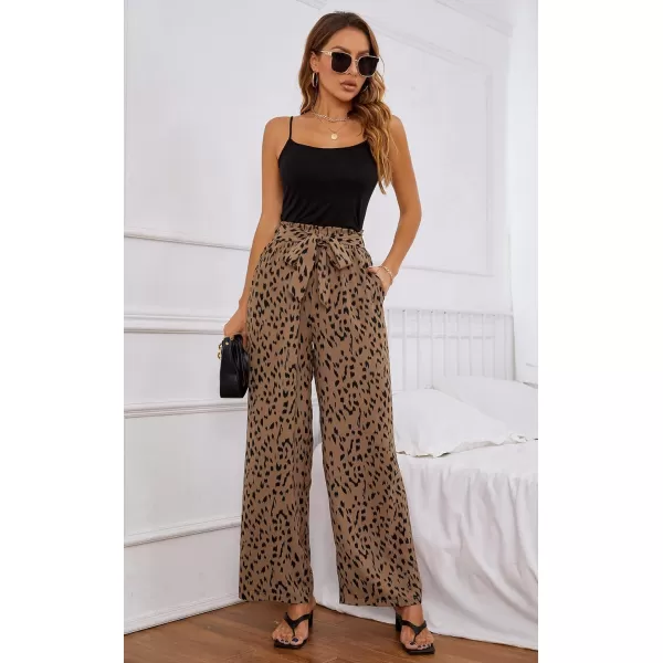 ECOWISH Womens Cotton Soft Palazzo Wide Leg Pant with Pockets High Waist Casual Loose Flowy Pants with Belt160 Khaki Lightning