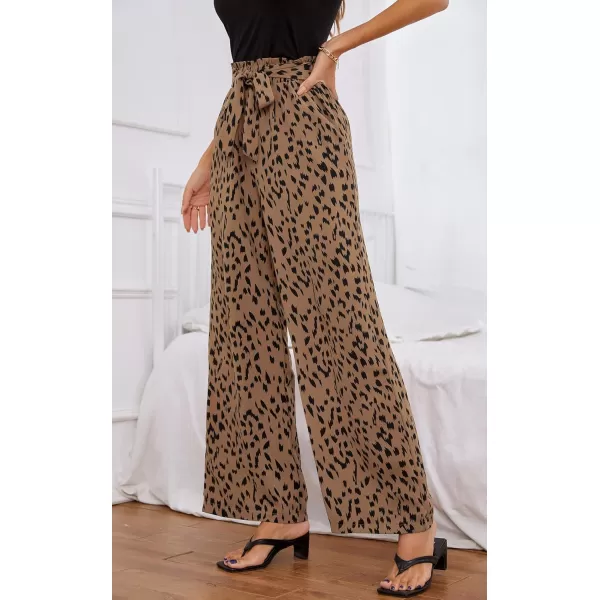 ECOWISH Womens Cotton Soft Palazzo Wide Leg Pant with Pockets High Waist Casual Loose Flowy Pants with Belt160 Khaki Lightning