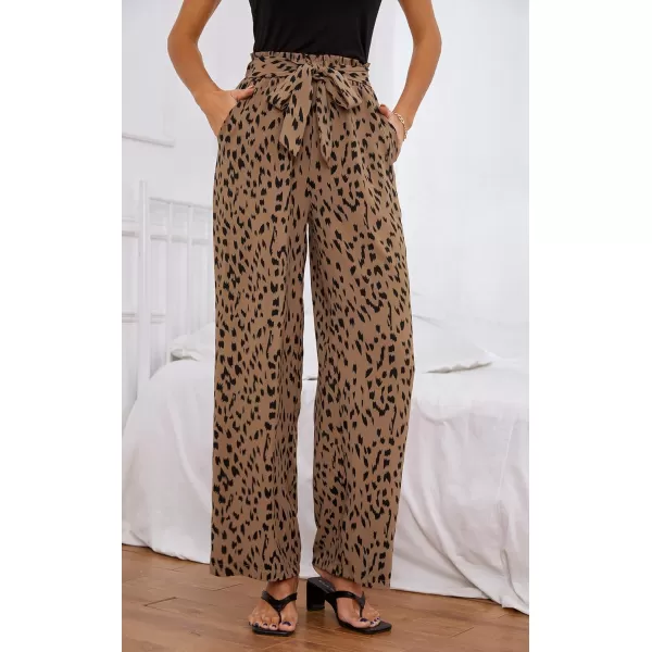 ECOWISH Womens Cotton Soft Palazzo Wide Leg Pant with Pockets High Waist Casual Loose Flowy Pants with Belt160 Khaki Lightning