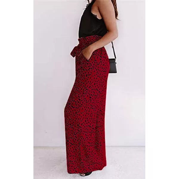 ECOWISH Womens Cotton Soft Palazzo Wide Leg Pant with Pockets High Waist Casual Loose Flowy Pants with Belt160 Red