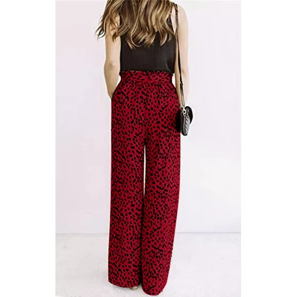 ECOWISH Womens Cotton Soft Palazzo Wide Leg Pant with Pockets High Waist Casual Loose Flowy Pants with Belt160 Red
