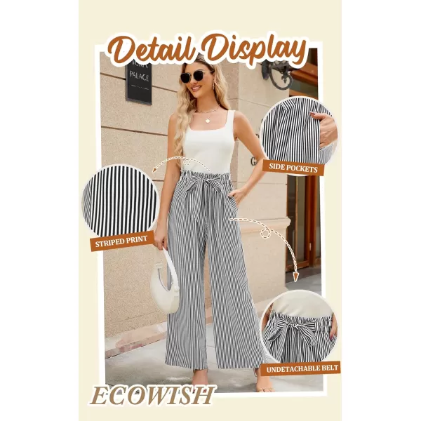 ECOWISH Womens Cotton Soft Palazzo Wide Leg Pant with Pockets High Waist Casual Loose Flowy Pants with Belt418 Black