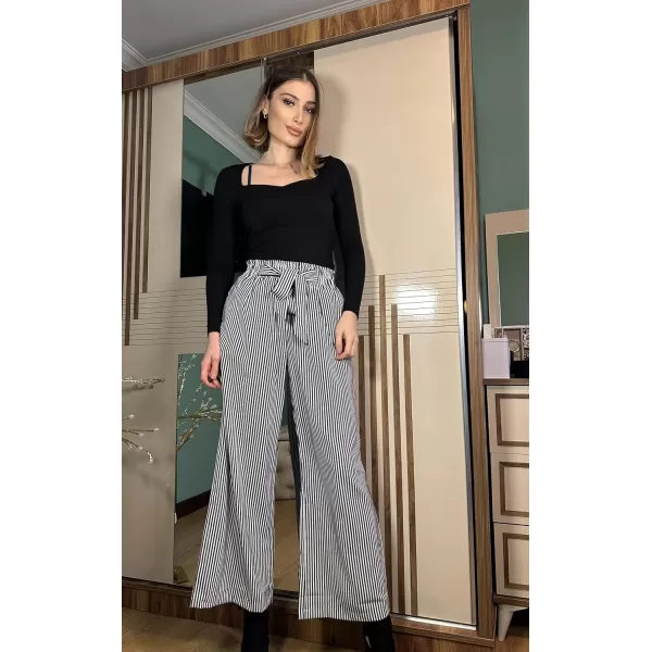 ECOWISH Womens Cotton Soft Palazzo Wide Leg Pant with Pockets High Waist Casual Loose Flowy Pants with Belt418 Black