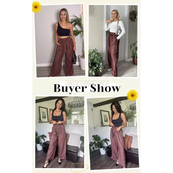 ECOWISH Womens Cotton Soft Palazzo Wide Leg Pant with Pockets High Waist Casual Loose Flowy Pants with Belt418 Khaki