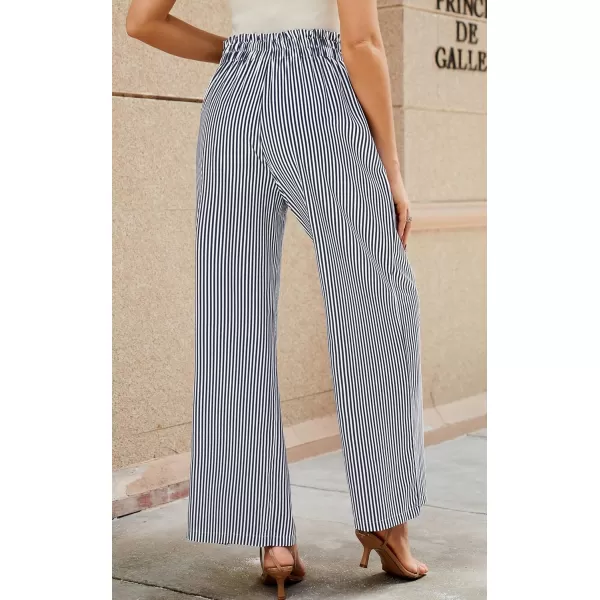 ECOWISH Womens Cotton Soft Palazzo Wide Leg Pant with Pockets High Waist Casual Loose Flowy Pants with Belt418 Navy Blue