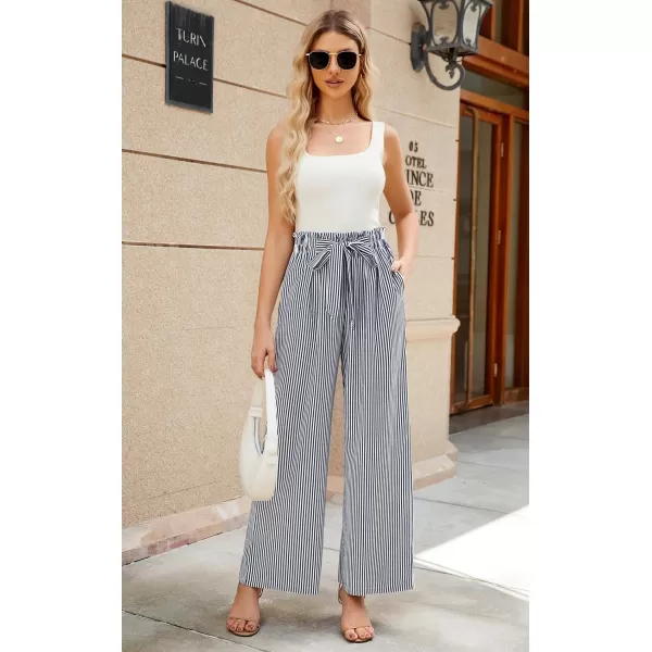 ECOWISH Womens Cotton Soft Palazzo Wide Leg Pant with Pockets High Waist Casual Loose Flowy Pants with Belt418 Navy Blue