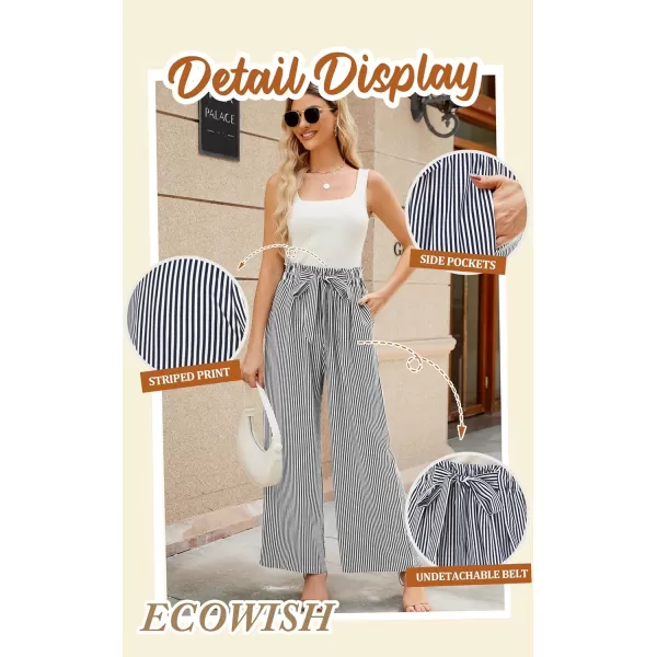 ECOWISH Womens Cotton Soft Palazzo Wide Leg Pant with Pockets High Waist Casual Loose Flowy Pants with Belt418 Navy Blue