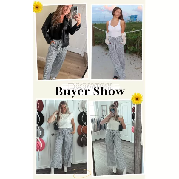 ECOWISH Womens Cotton Soft Palazzo Wide Leg Pant with Pockets High Waist Casual Loose Flowy Pants with Belt418 Navy Blue