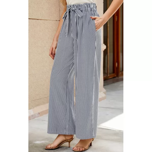 ECOWISH Womens Cotton Soft Palazzo Wide Leg Pant with Pockets High Waist Casual Loose Flowy Pants with Belt418 Navy Blue