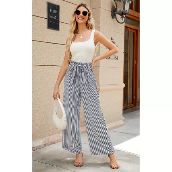 ECOWISH Womens Cotton Soft Palazzo Wide Leg Pant with Pockets High Waist Casual Loose Flowy Pants with Belt418 Navy Blue