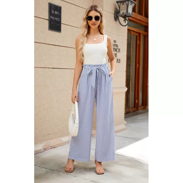 ECOWISH Womens Cotton Soft Palazzo Wide Leg Pant with Pockets High Waist Casual Loose Flowy Pants with Belt418 Sky Blue