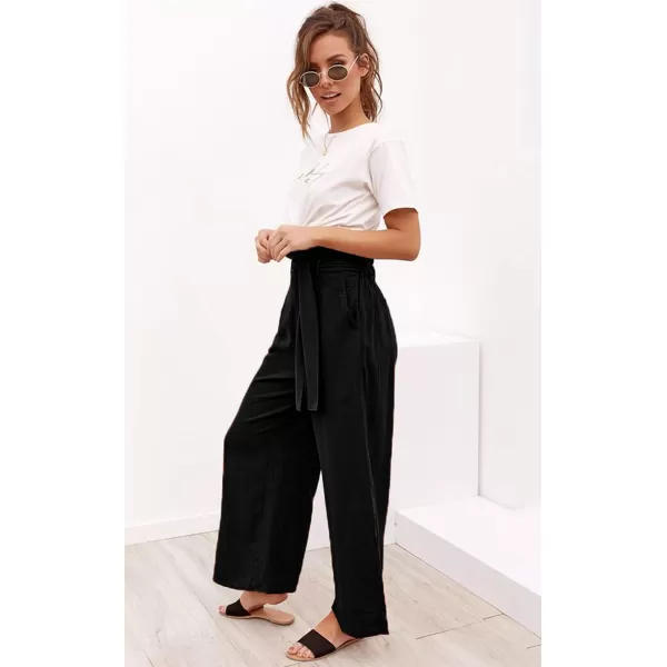 ECOWISH Womens Cotton Soft Palazzo Wide Leg Pant with Pockets High Waist Casual Loose Flowy Pants with BeltBlack