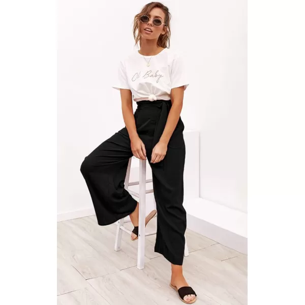 ECOWISH Womens Cotton Soft Palazzo Wide Leg Pant with Pockets High Waist Casual Loose Flowy Pants with BeltBlack