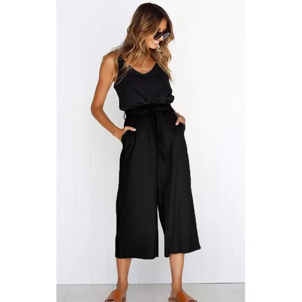 ECOWISH Womens Cotton Soft Palazzo Wide Leg Pant with Pockets High Waist Casual Loose Flowy Pants with BeltBlack