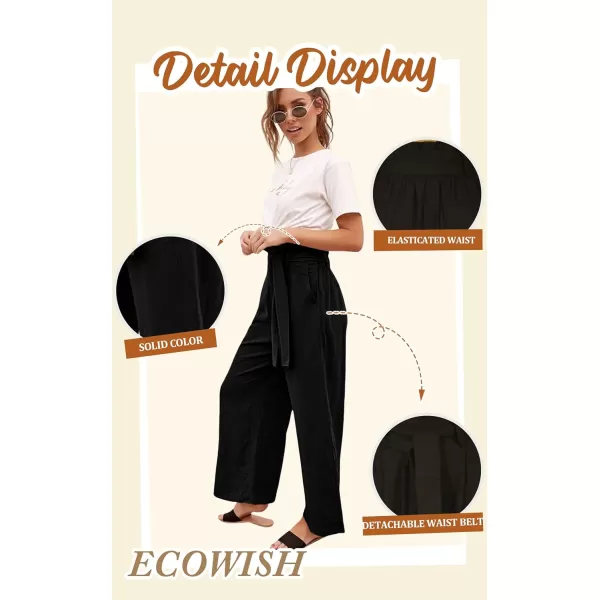 ECOWISH Womens Cotton Soft Palazzo Wide Leg Pant with Pockets High Waist Casual Loose Flowy Pants with BeltBlack