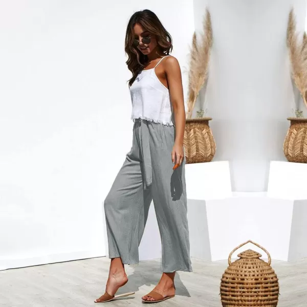 ECOWISH Womens Cotton Soft Palazzo Wide Leg Pant with Pockets High Waist Casual Loose Flowy Pants with BeltGrey