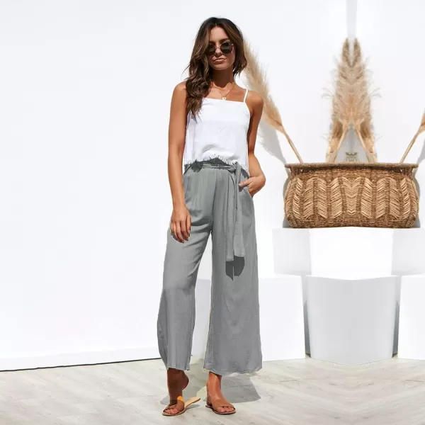 ECOWISH Womens Cotton Soft Palazzo Wide Leg Pant with Pockets High Waist Casual Loose Flowy Pants with BeltGrey