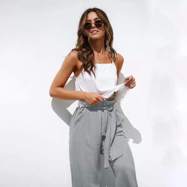 ECOWISH Womens Cotton Soft Palazzo Wide Leg Pant with Pockets High Waist Casual Loose Flowy Pants with BeltGrey