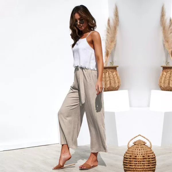 ECOWISH Womens Cotton Soft Palazzo Wide Leg Pant with Pockets High Waist Casual Loose Flowy Pants with BeltKhaki