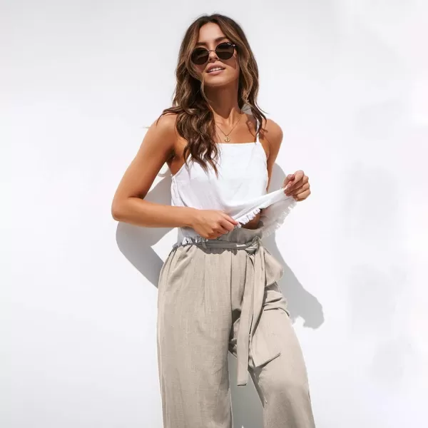 ECOWISH Womens Cotton Soft Palazzo Wide Leg Pant with Pockets High Waist Casual Loose Flowy Pants with BeltKhaki