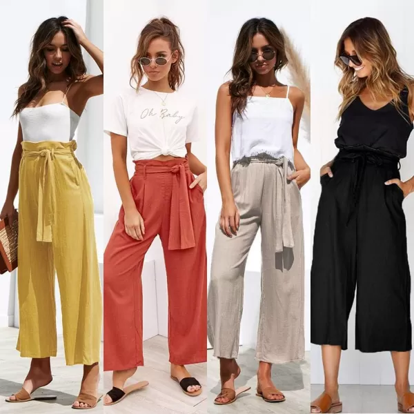 ECOWISH Womens Cotton Soft Palazzo Wide Leg Pant with Pockets High Waist Casual Loose Flowy Pants with BeltKhaki