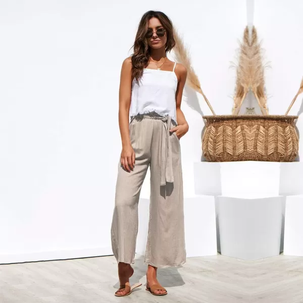ECOWISH Womens Cotton Soft Palazzo Wide Leg Pant with Pockets High Waist Casual Loose Flowy Pants with BeltKhaki