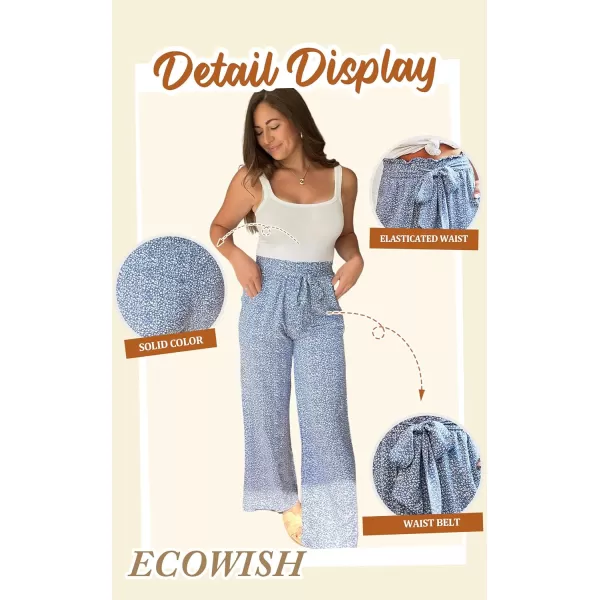 ECOWISH Womens Cotton Soft Palazzo Wide Leg Pant with Pockets High Waist Casual Loose Flowy Pants with BeltLight Blue