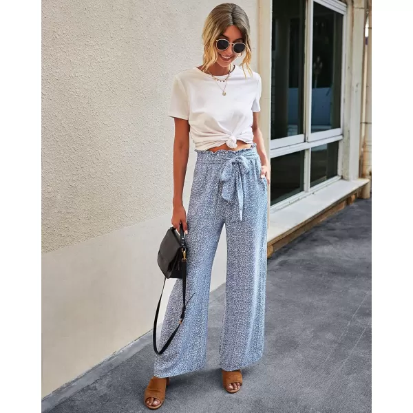 ECOWISH Womens Cotton Soft Palazzo Wide Leg Pant with Pockets High Waist Casual Loose Flowy Pants with BeltLight Blue