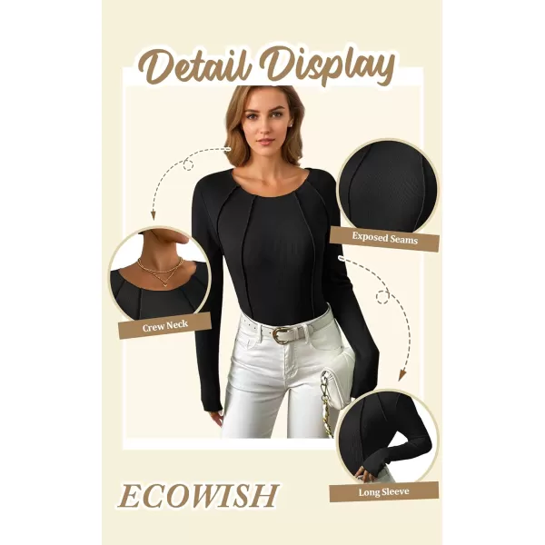 ECOWISH Womens Crop Tops Shirt Long Sleeve Crewneck Slim Fit Ribbed Knit Basic Tee ShirtsBlack