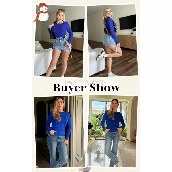 ECOWISH Womens Crop Tops Shirt Long Sleeve Crewneck Slim Fit Ribbed Knit Basic Tee ShirtsBlue