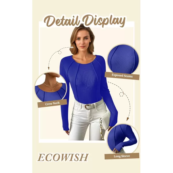 ECOWISH Womens Crop Tops Shirt Long Sleeve Crewneck Slim Fit Ribbed Knit Basic Tee ShirtsBlue