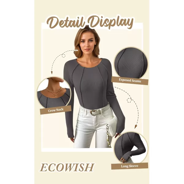 ECOWISH Womens Crop Tops Shirt Long Sleeve Crewneck Slim Fit Ribbed Knit Basic Tee ShirtsGrey