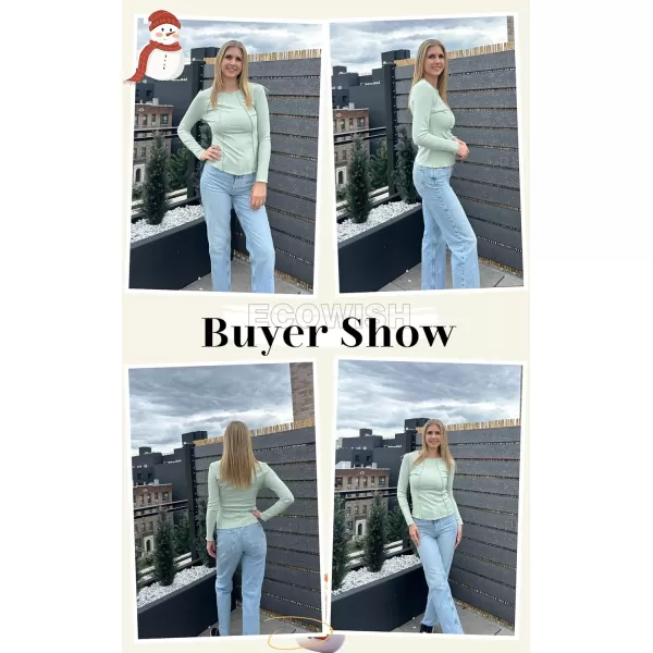 ECOWISH Womens Crop Tops Shirt Long Sleeve Crewneck Slim Fit Ribbed Knit Basic Tee ShirtsLight Green