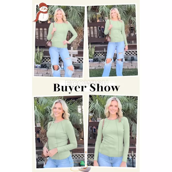 ECOWISH Womens Crop Tops Shirt Long Sleeve Crewneck Slim Fit Ribbed Knit Basic Tee ShirtsLight Green