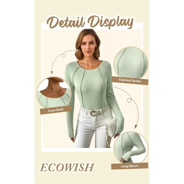ECOWISH Womens Crop Tops Shirt Long Sleeve Crewneck Slim Fit Ribbed Knit Basic Tee ShirtsLight Green
