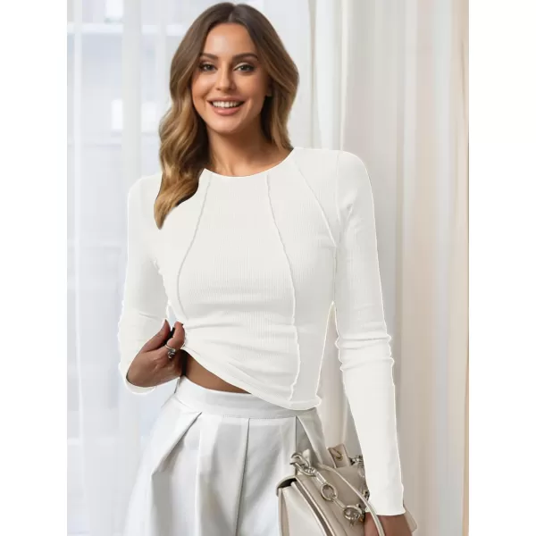 ECOWISH Womens Crop Tops Shirt Long Sleeve Crewneck Slim Fit Ribbed Knit Basic Tee ShirtsWhite